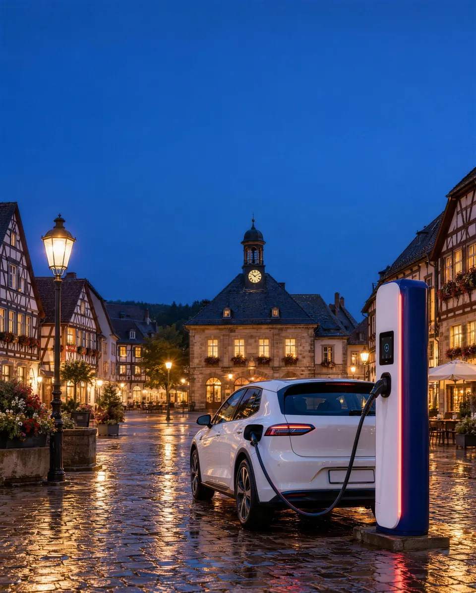 KI-Symbolbild: Schnellladesäule auf einem Marktplatz am Abend, ein Elektroauto lädt, dahinter das Rathaus