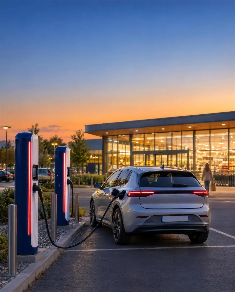 KI-Symbolbild: Zwei Schnellladesäulen auf dem Kundenparkplatz eines Supermarkts in der Dämmerung, ein Elektroauto lädt
