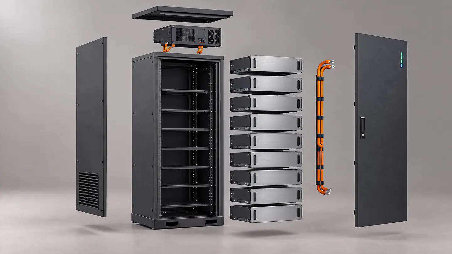 Lo stesso accumulo in vista esplosa: porta, parete laterale, coperchio, inverter, nove moduli batteria e cablaggio sospesi separatamente uno accanto all’altro
